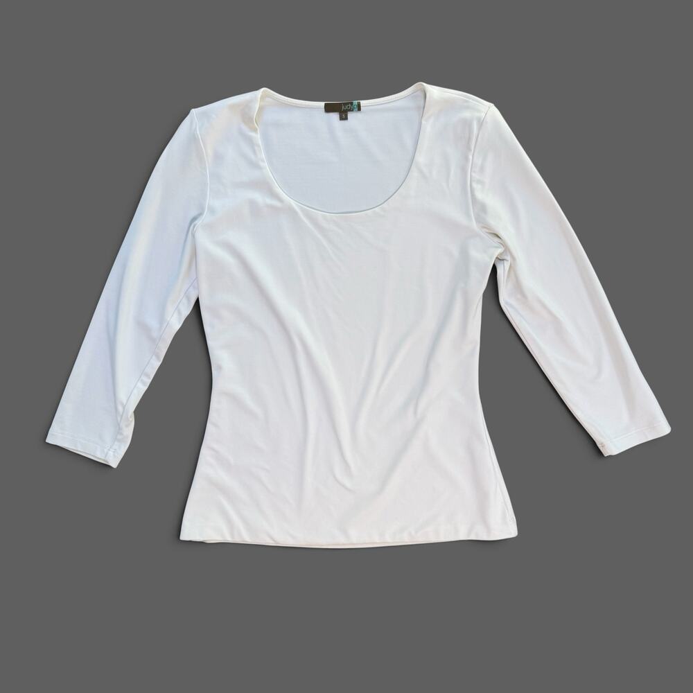 Judy P White Scoop Neck 3/4 Sleeve Stretch Top Womens S Office Workwear